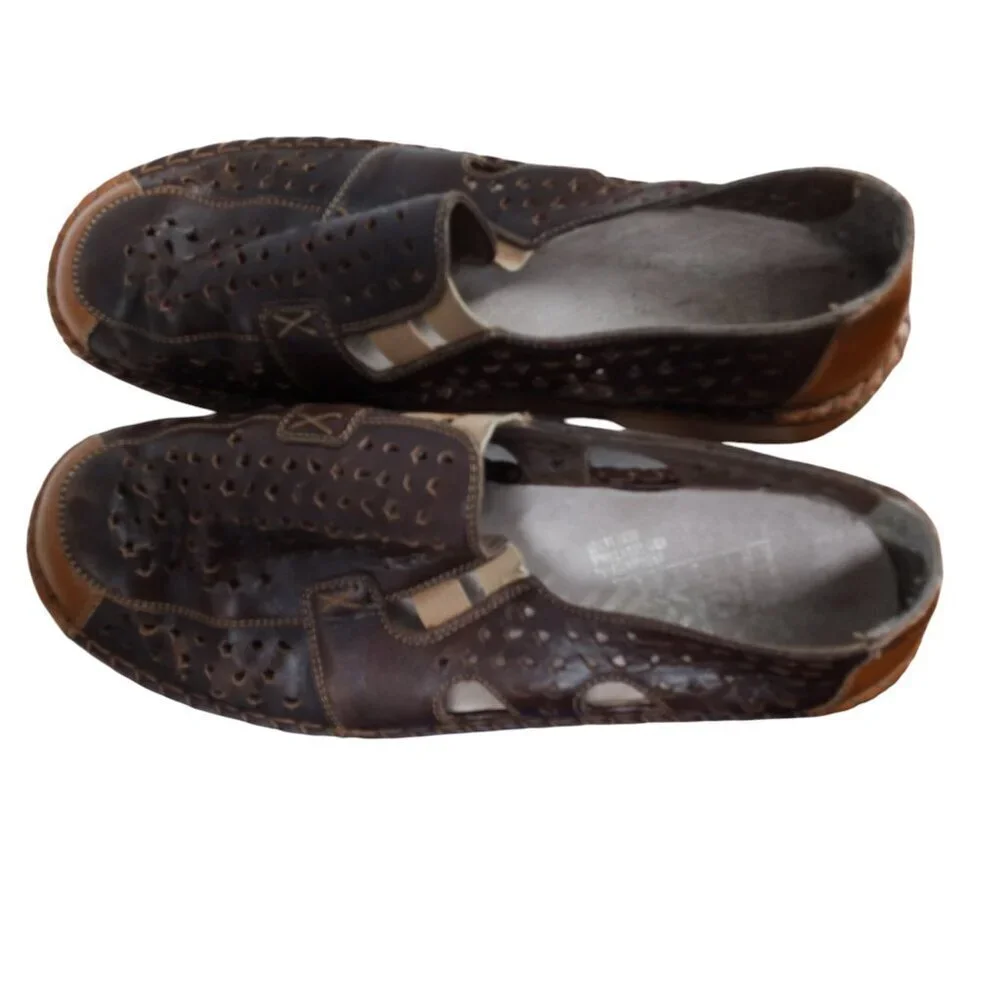 Rieker Brown Leather Slip On Comfort Loafers Size 40 US 9.5-10 Perforated